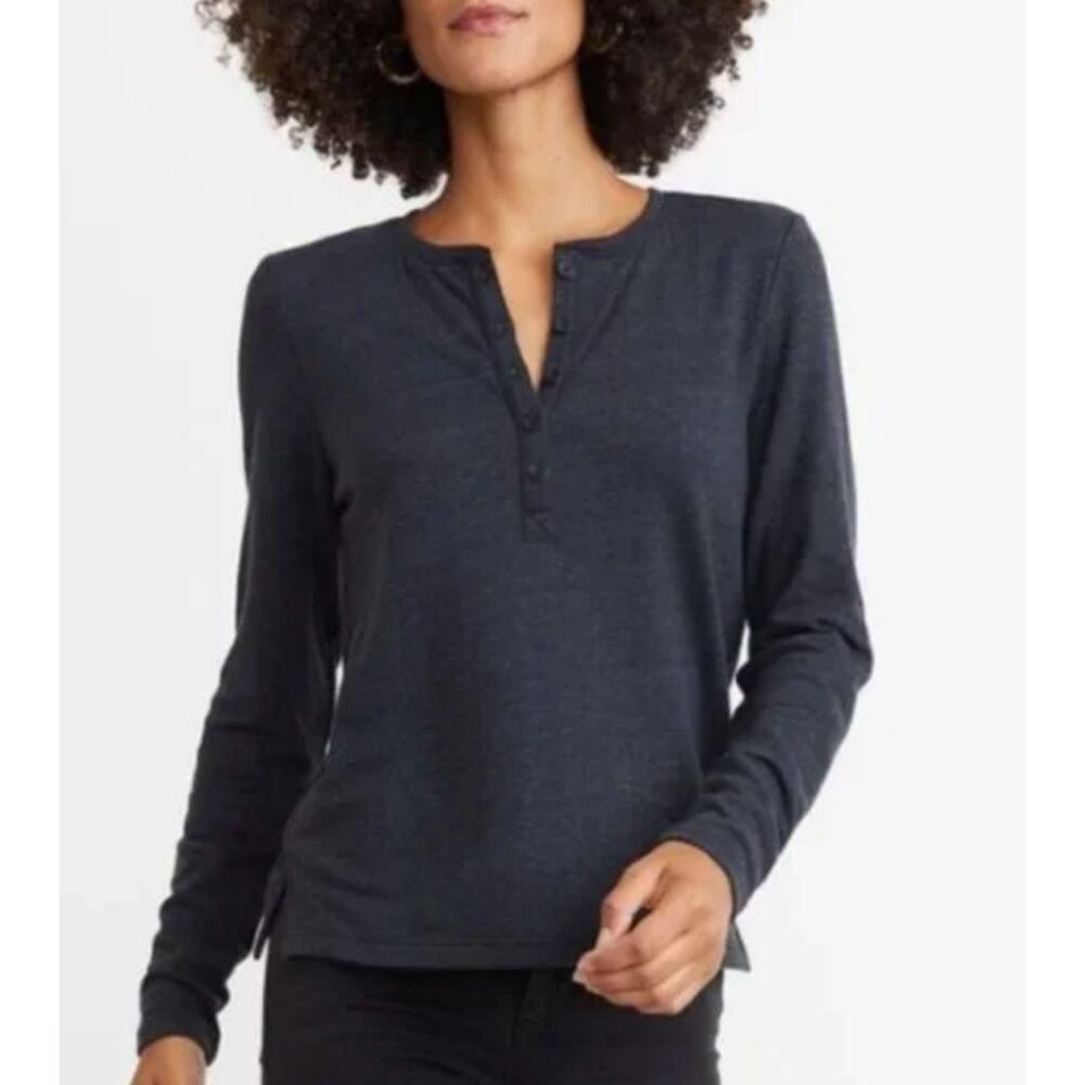 MARINE LAYER Double Knit Faded Heather Black Henley Pullover Top Womens XL